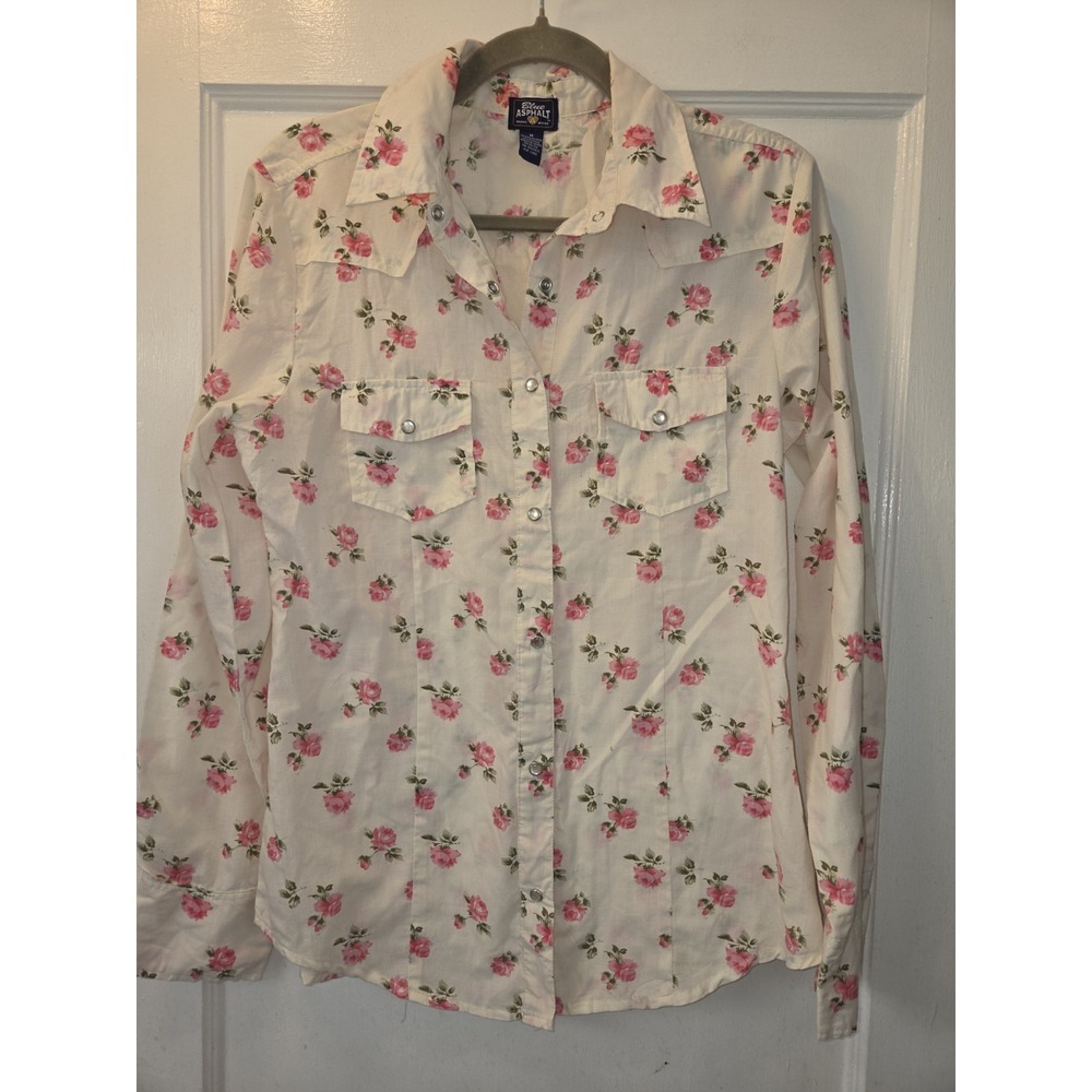 Blue Asphalt Women's White Pink Rose Woven Button-Up Collared Pockets. M